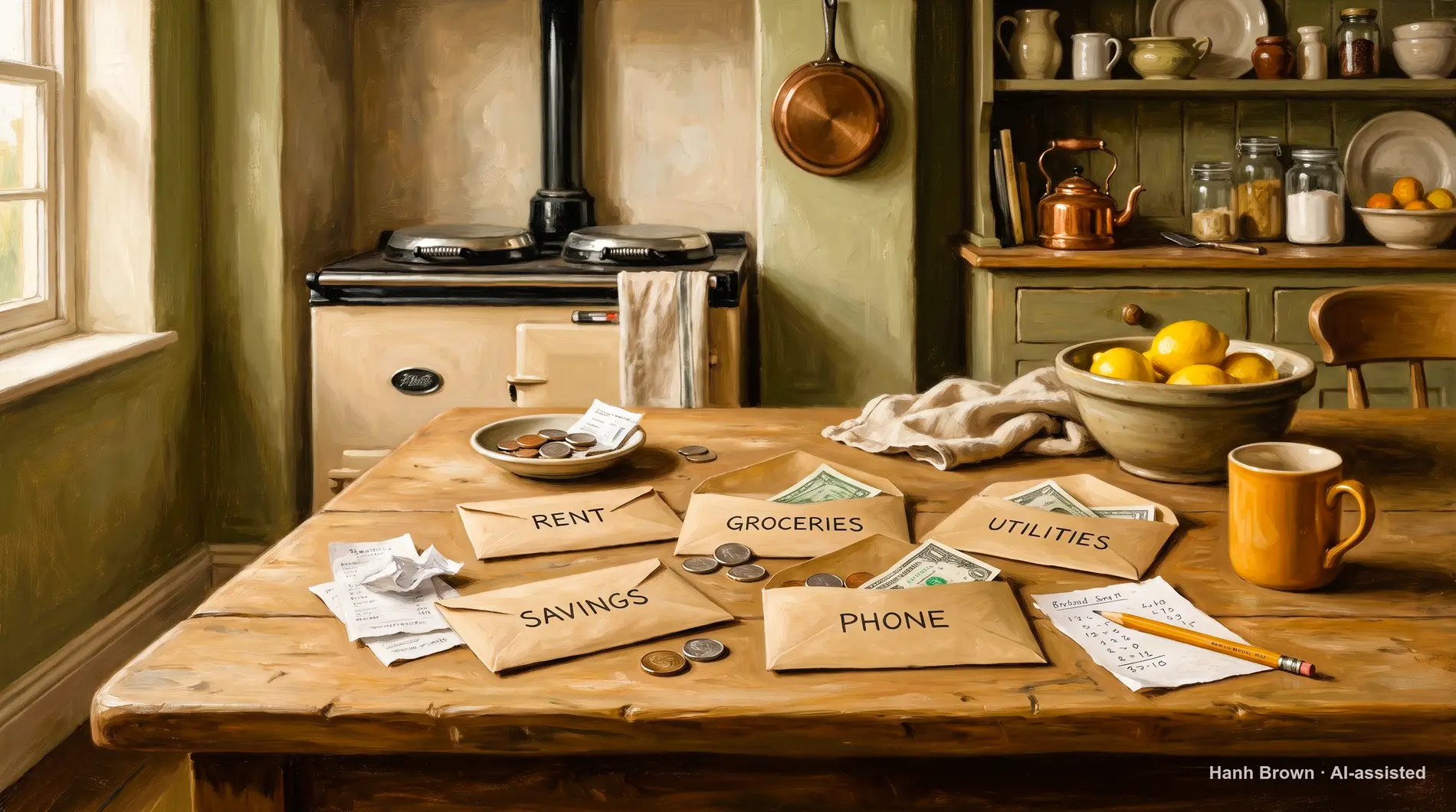 An envelope budget system laid out plainly on a table, painted. The painted illustration for the article Difference between Medicare Part A and Part B