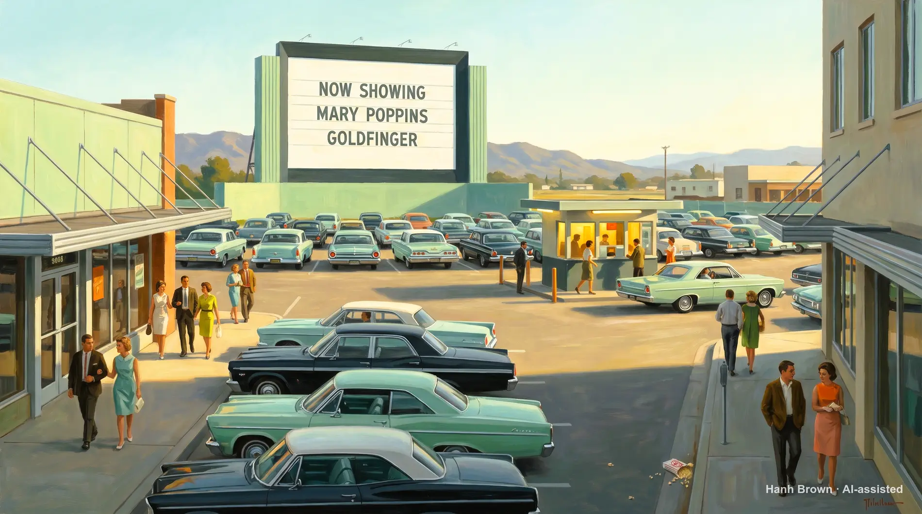 Drive-in theater at dusk, rows of cars, painted. The painted illustration for the article How do Medicare and Medicaid work together?