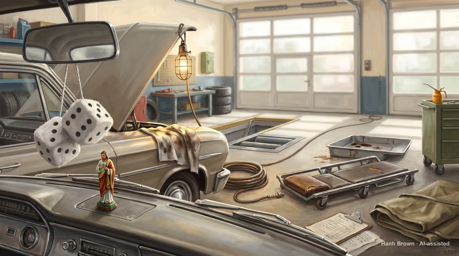 Fuzzy dice and a dashboard saint above a wide dash, painted. The painted illustration for the article Original Medicare vs Medicare Advantage
