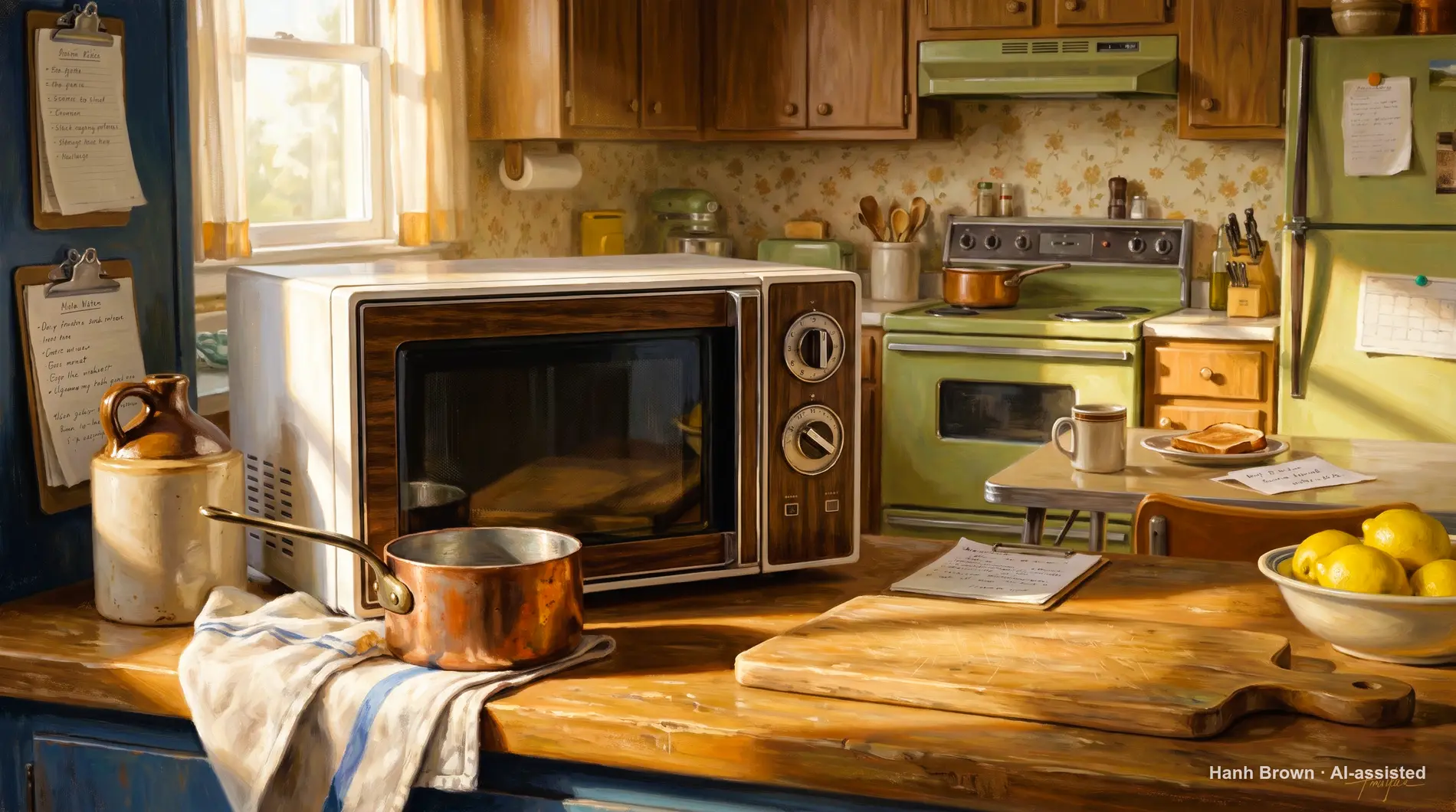 A first microwave in a rented kitchen, painted, box fresh. The painted illustration for the article What is Medicare Advantage?