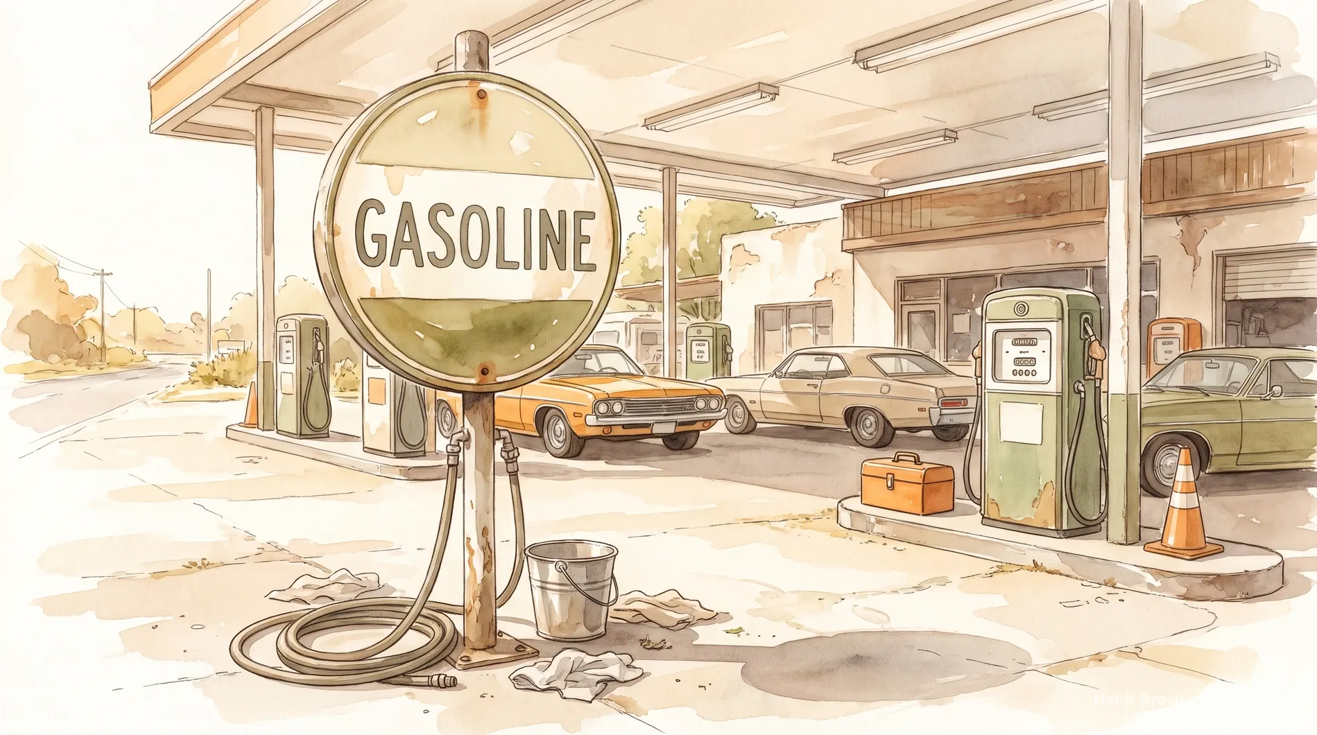 Porcelain enamel gas station sign, painted. The painted illustration for the article Help paying Medicare costs