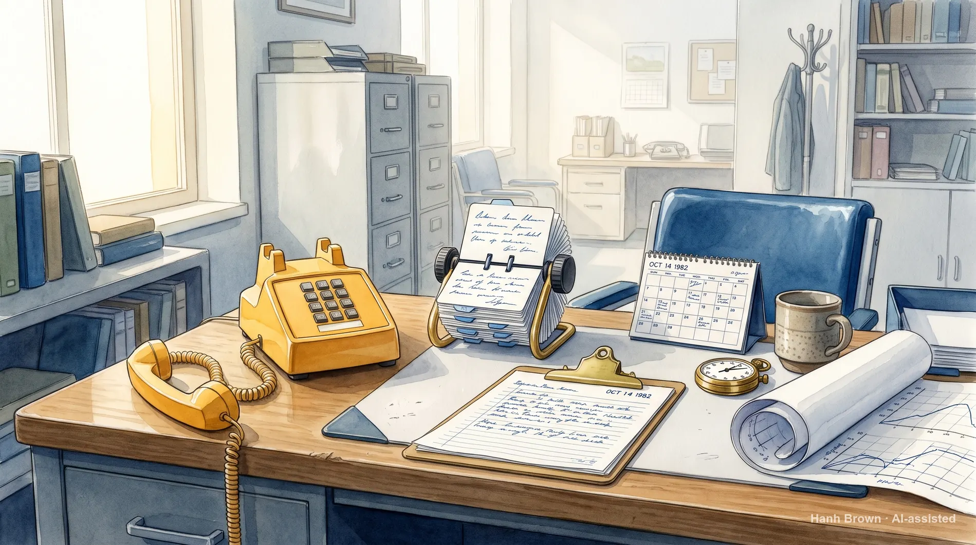 A rolodex beside a corded phone, painted, everything in hand. The painted illustration for the article How to avoid IRMAA