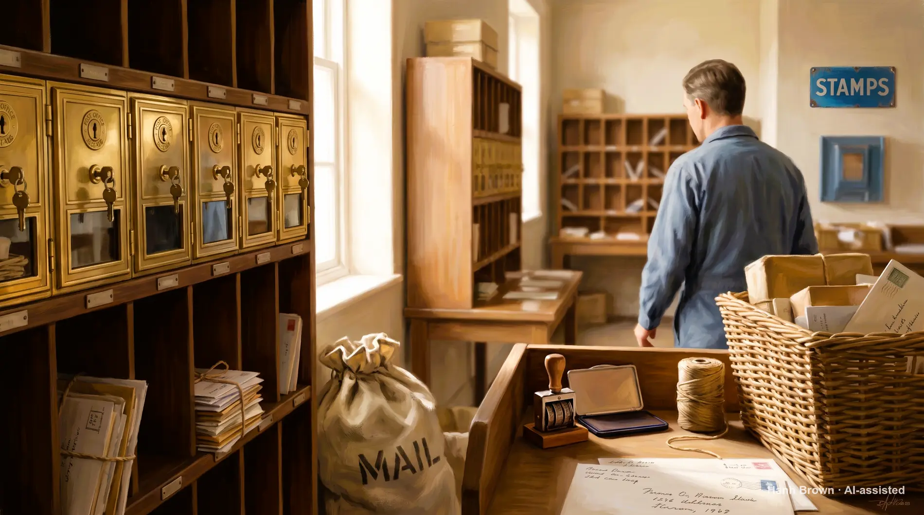 A wall of brass post office boxes, painted, every slot its own number. The painted illustration for the article IRMAA income brackets