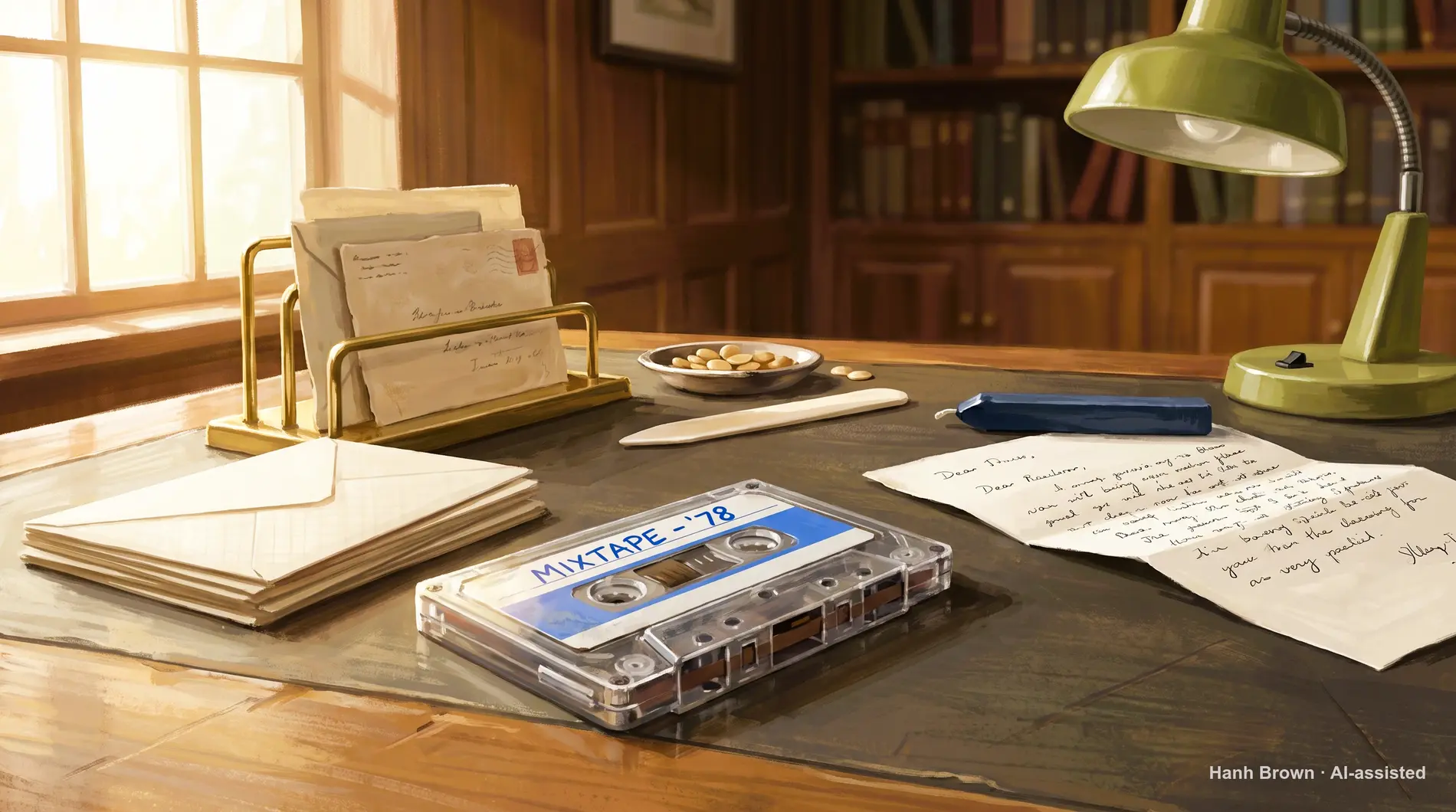 Cassette tapes by a writing desk, painted, one mid rewind. The painted illustration for the article IRMAA two year lookback