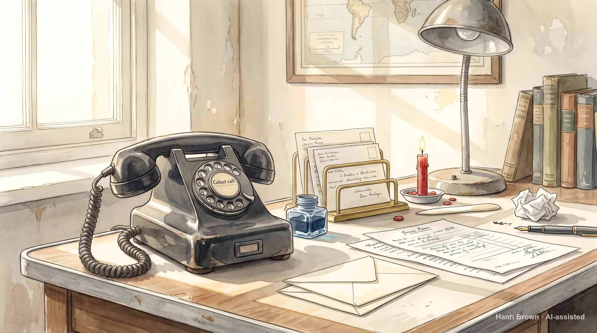 A telephone and coin box mid collect call, painted. The painted illustration for the article SSA-44 form: IRMAA appeal
