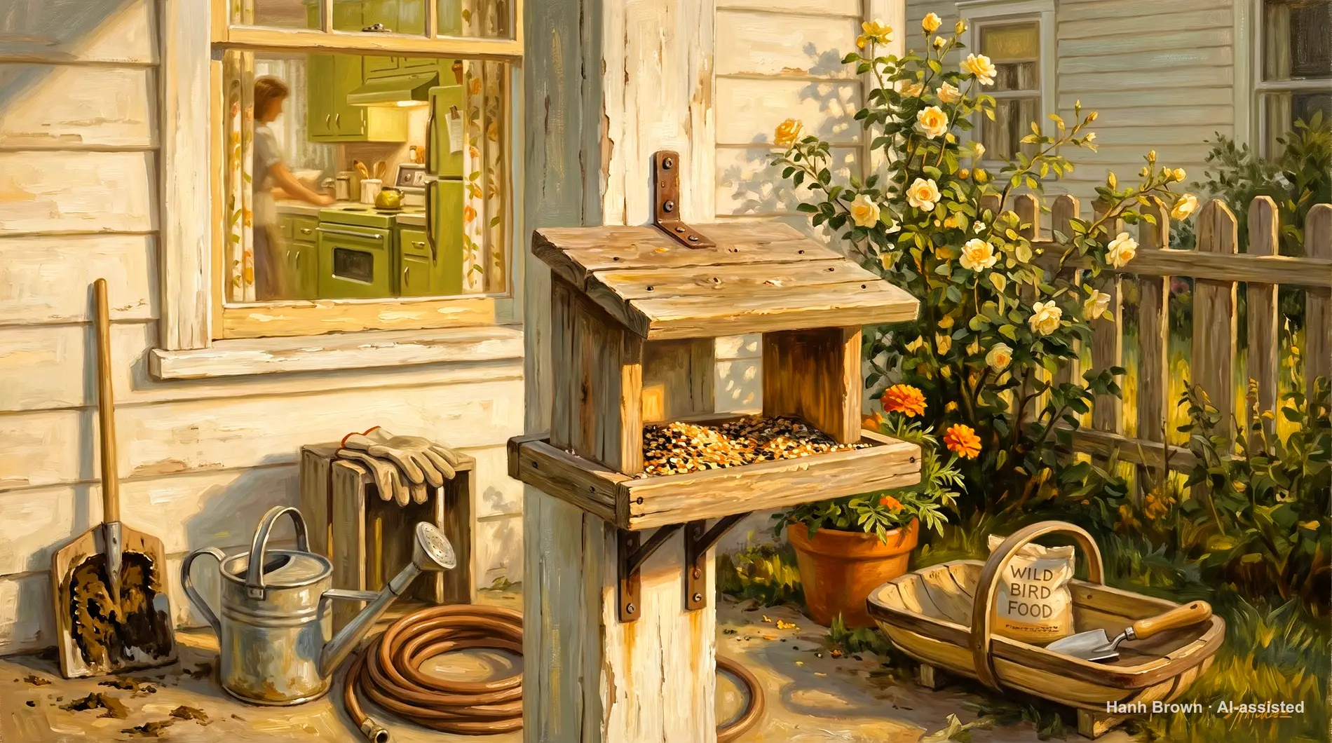 Bird feeder outside a kitchen window, painted. The painted illustration for the article Does Medicare cover home health care?