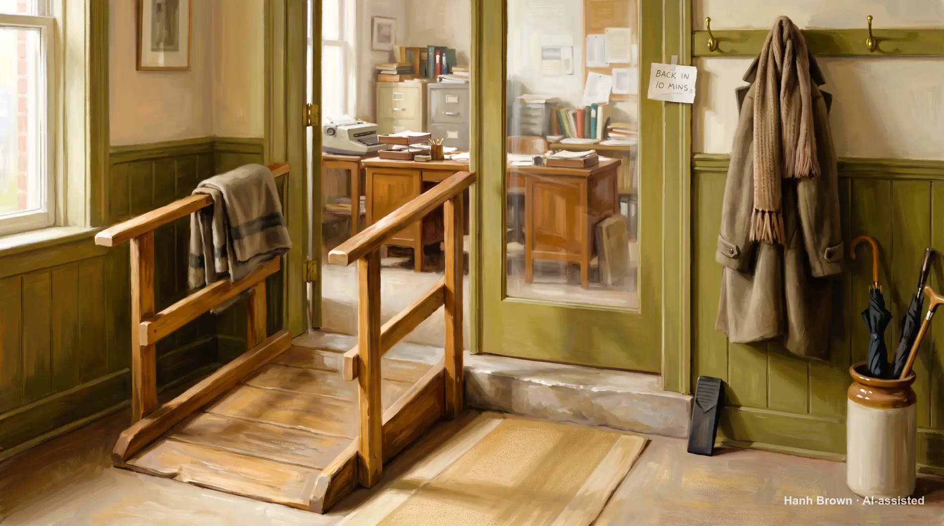 Wheelchair ramp with a timber rail, painted. The painted illustration for the article Does Medicare cover hospital stays?