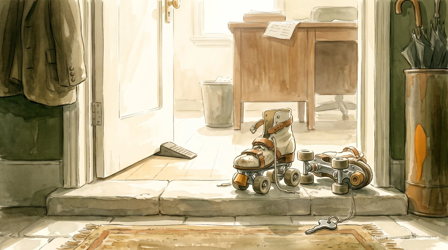 Roller skates with a metal key, painted. The painted illustration for the article Does Medicare cover rehab?