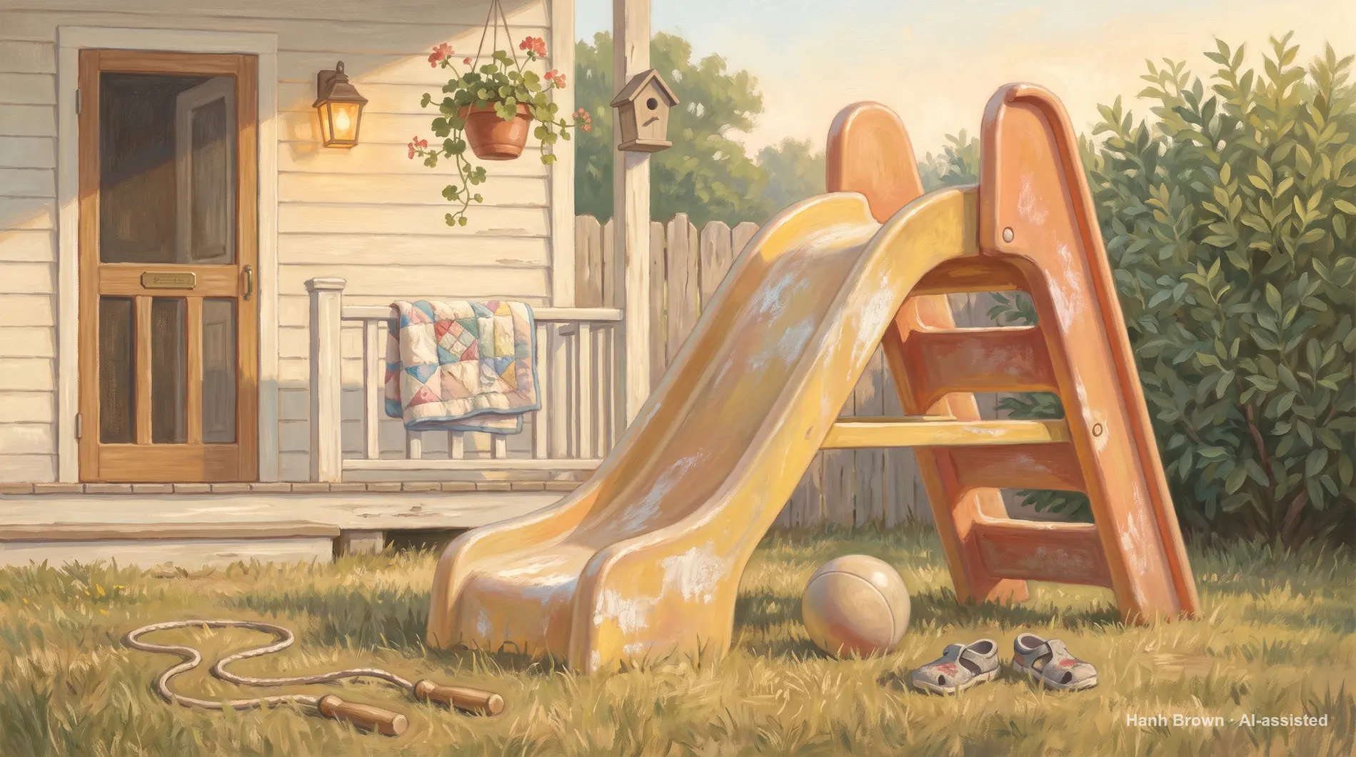 Sun-faded plastic slide in a back garden, painted. The painted illustration for the article Does Medicare cover therapy?