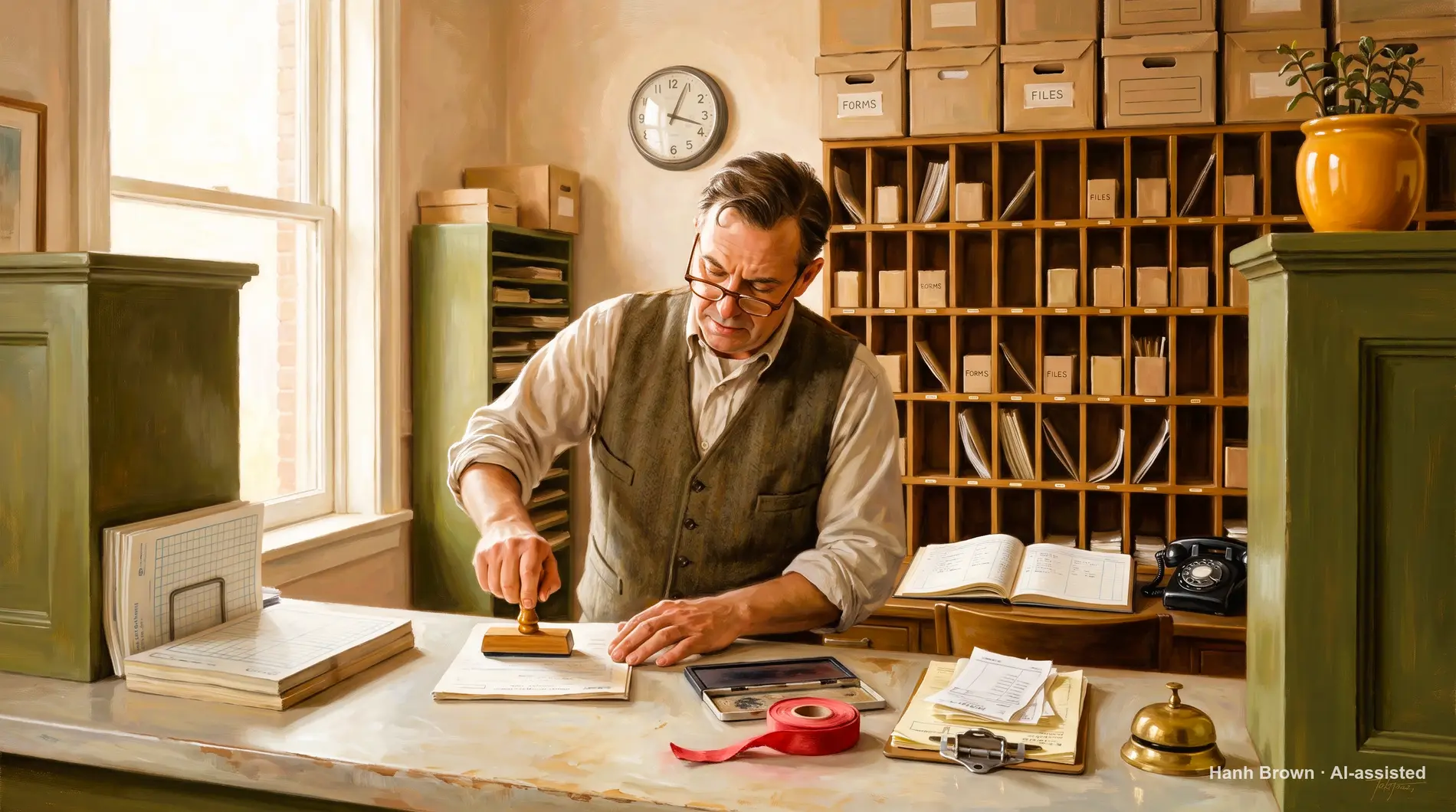 Town clerk, painted. The painted illustration for the article Does Medicare cover you overseas?