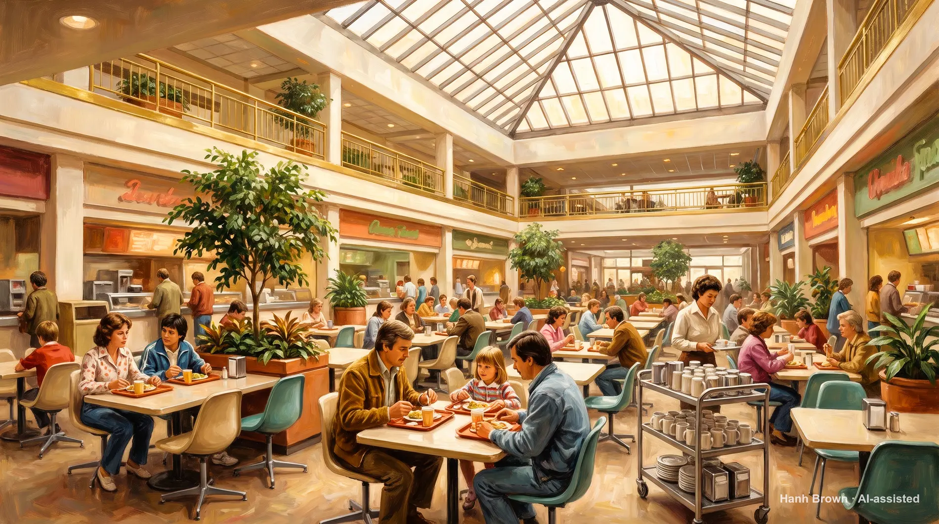 Food court skylight at midday, painted. The painted illustration for the article What preventive services does Medicare cover?