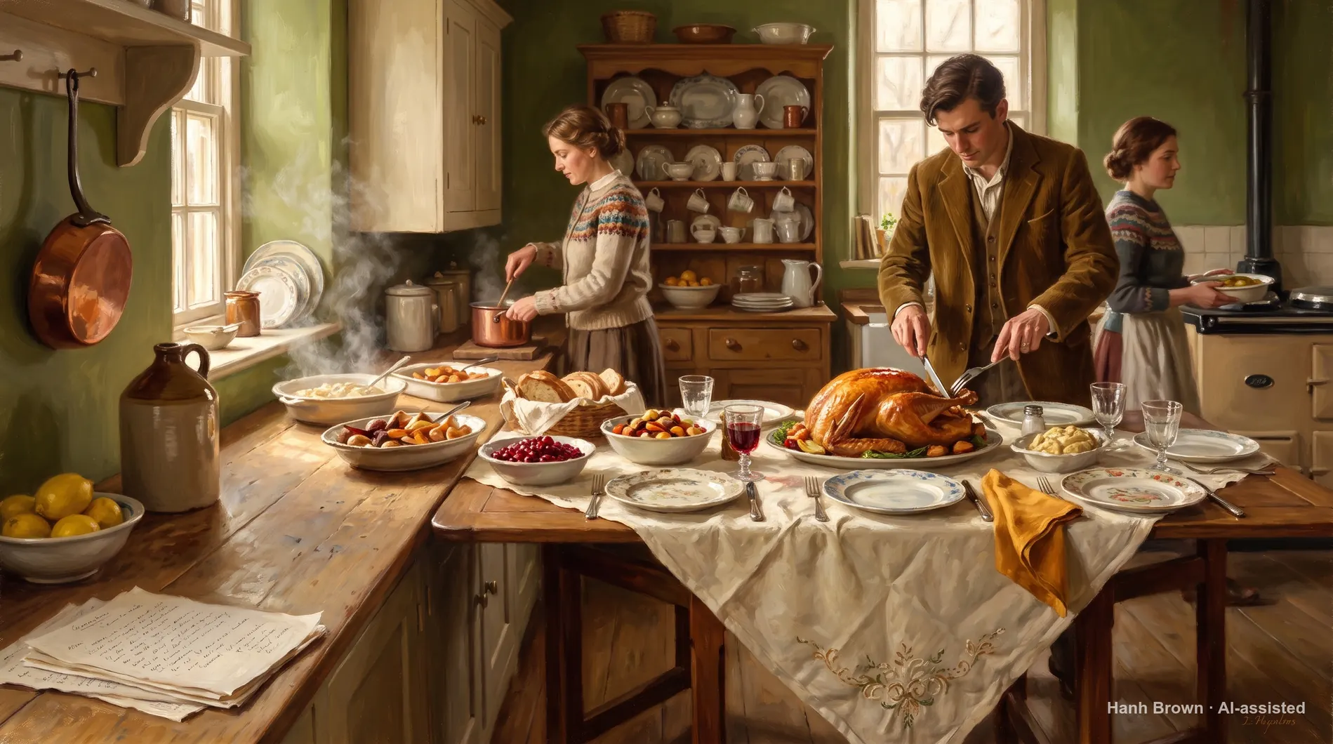 Thanksgiving table with a folding extension, painted. The painted illustration for the article Does Medicare cover telehealth?