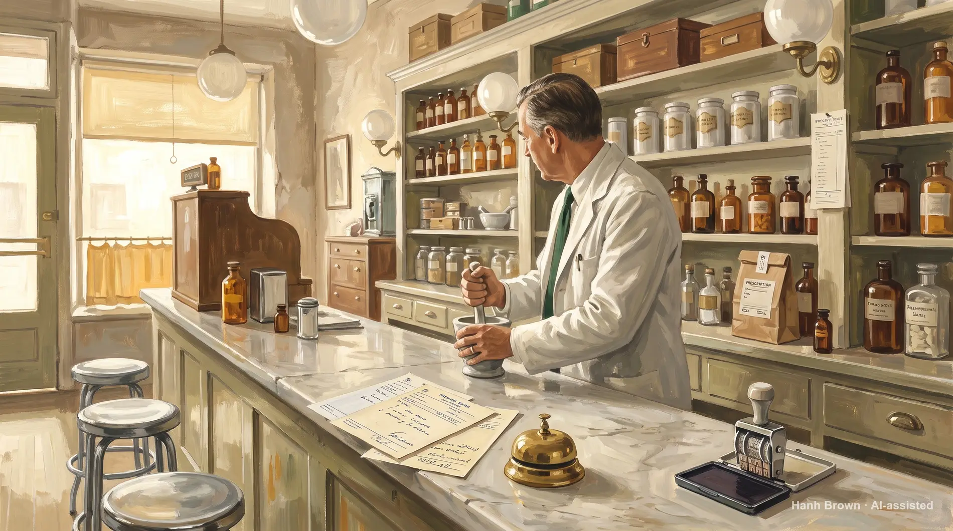 A druggist behind the high pharmacy counter, request forms fanned beside the service bell. The painted illustration for the hub article Access restrictions on Medicare drugs.