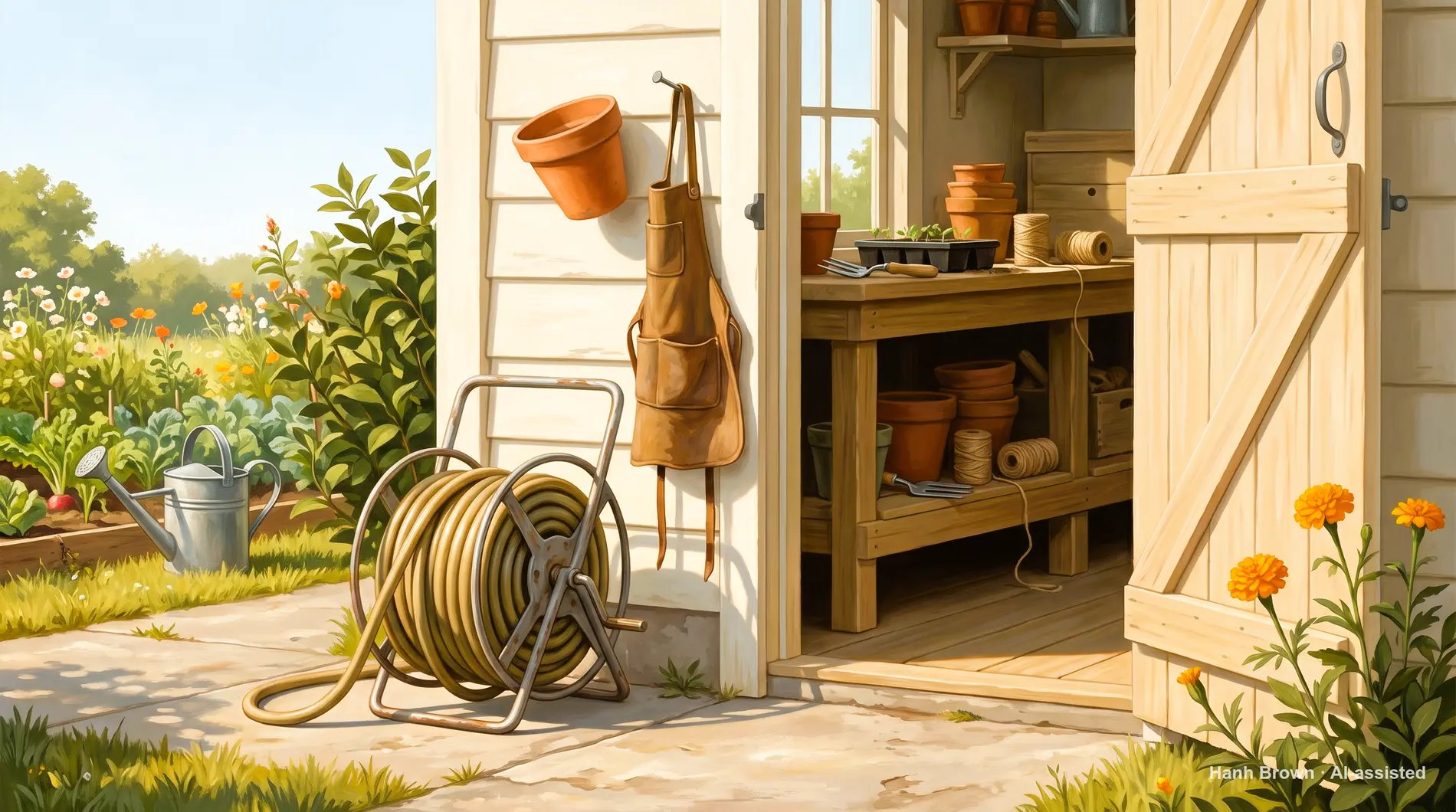 Garden hose coiled on a reel, painted. The painted illustration for the article Medicare insulin cost cap