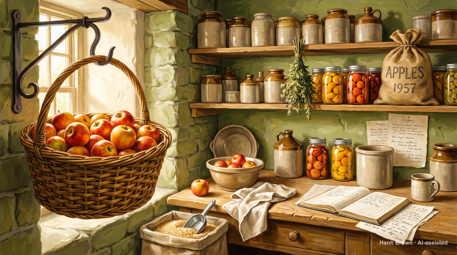 Picking apples in the fall, painted. The painted illustration for the article Medicare Part D drug tiers