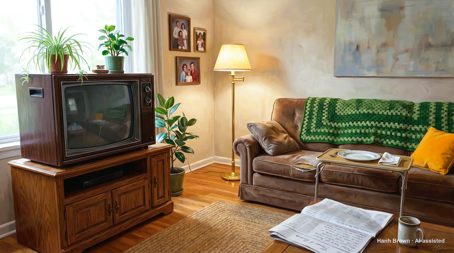Green-and-oak living room with a big TV, painted. The painted illustration for the article Medicare Part D out of pocket cap