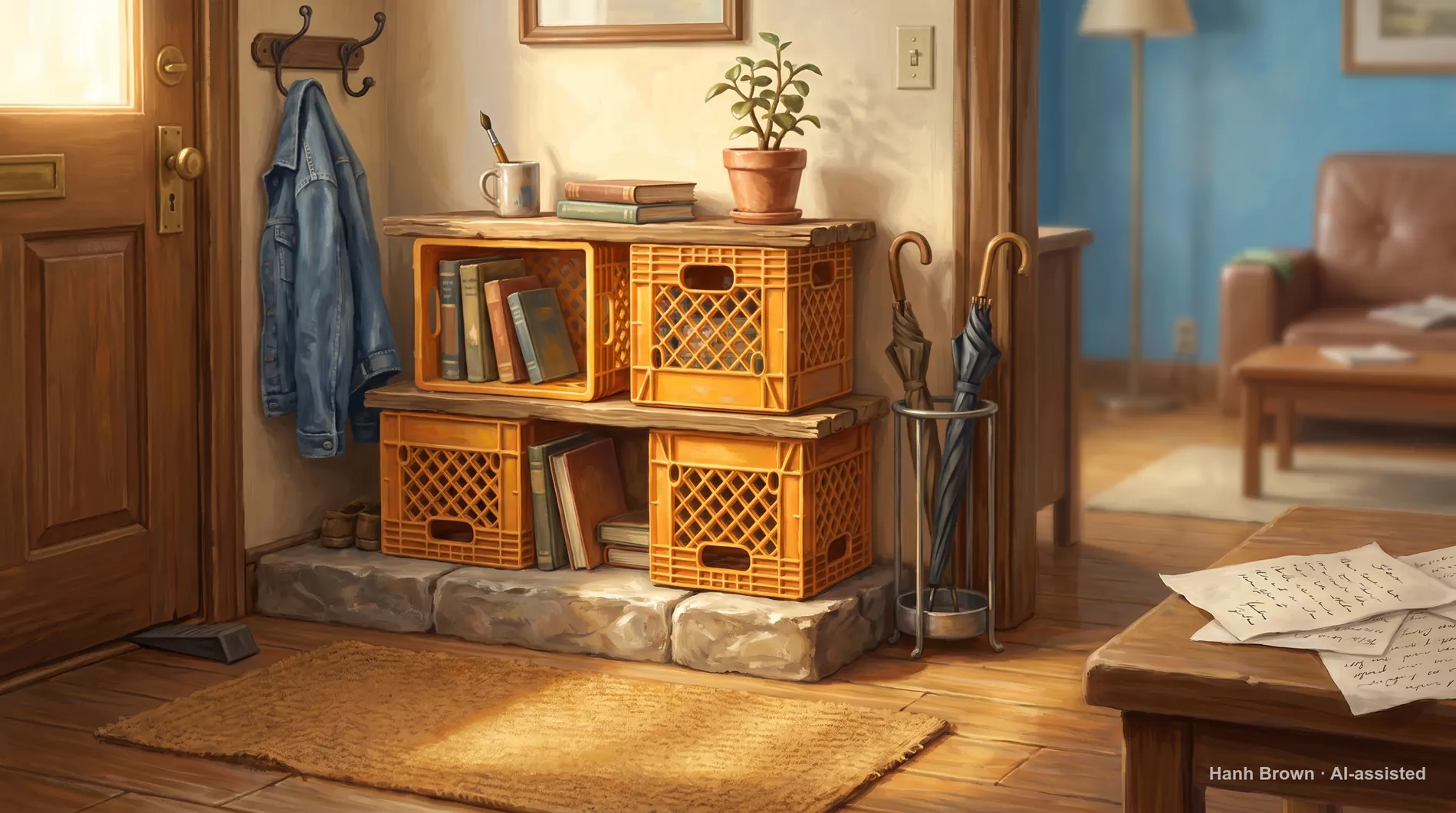 A first apartment corner with milk crate shelving, painted, day one. The painted illustration for the article How to sign up for Medicare