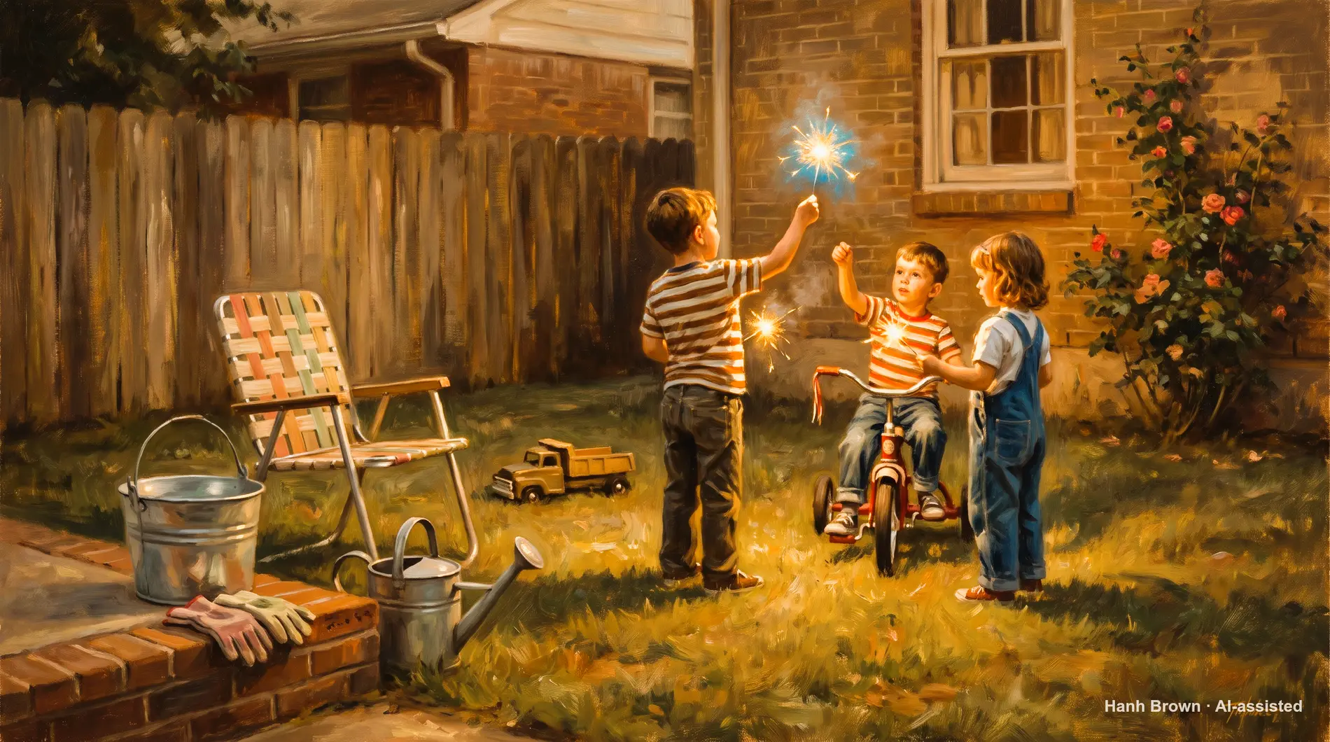 Kids with sparklers in the back yard at golden hour, painted. The painted illustration for the article When do I sign up for Medicare?
