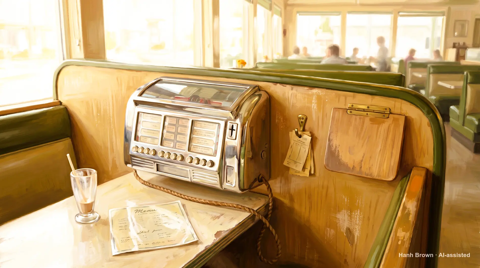 A jukebox selector at the booth, painted, picking from the board. The painted illustration for the article HMO vs PPO Medicare Advantage