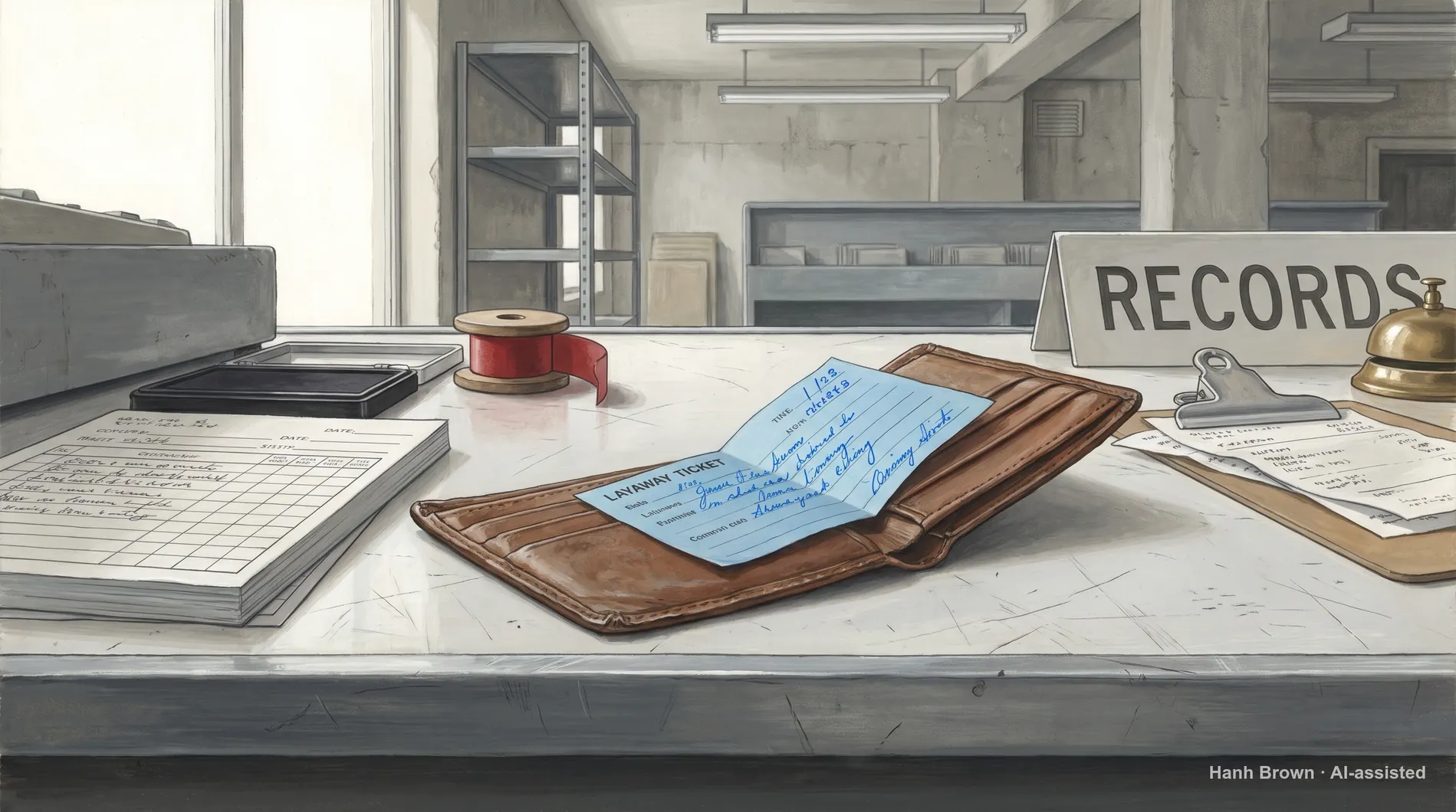 A layaway ticket folded into a wallet on a counter, painted. The painted illustration for the article How to cancel a Medicare Advantage plan