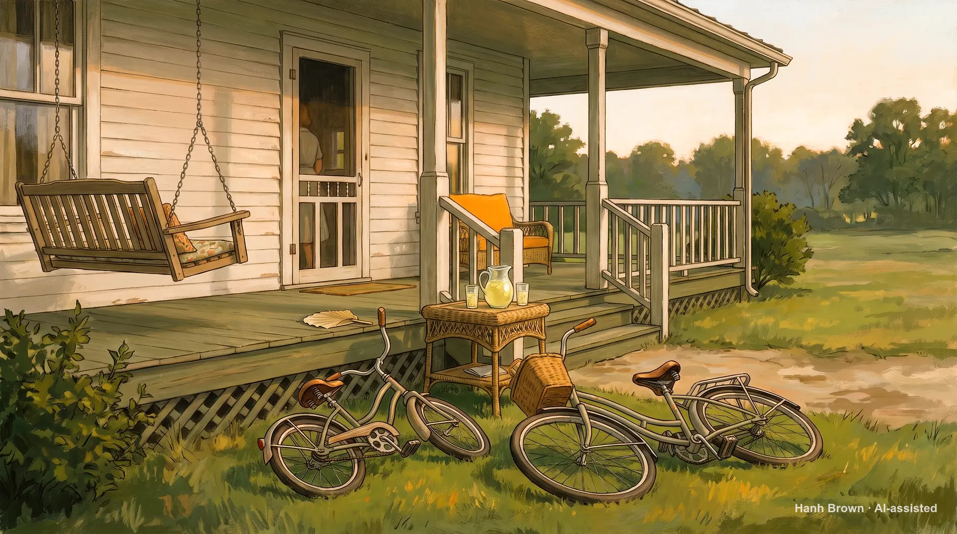 Bikes dropped on a lawn at dusk, painted, home again. The painted illustration for the article How to switch from Medicare Advantage to Original Medicare