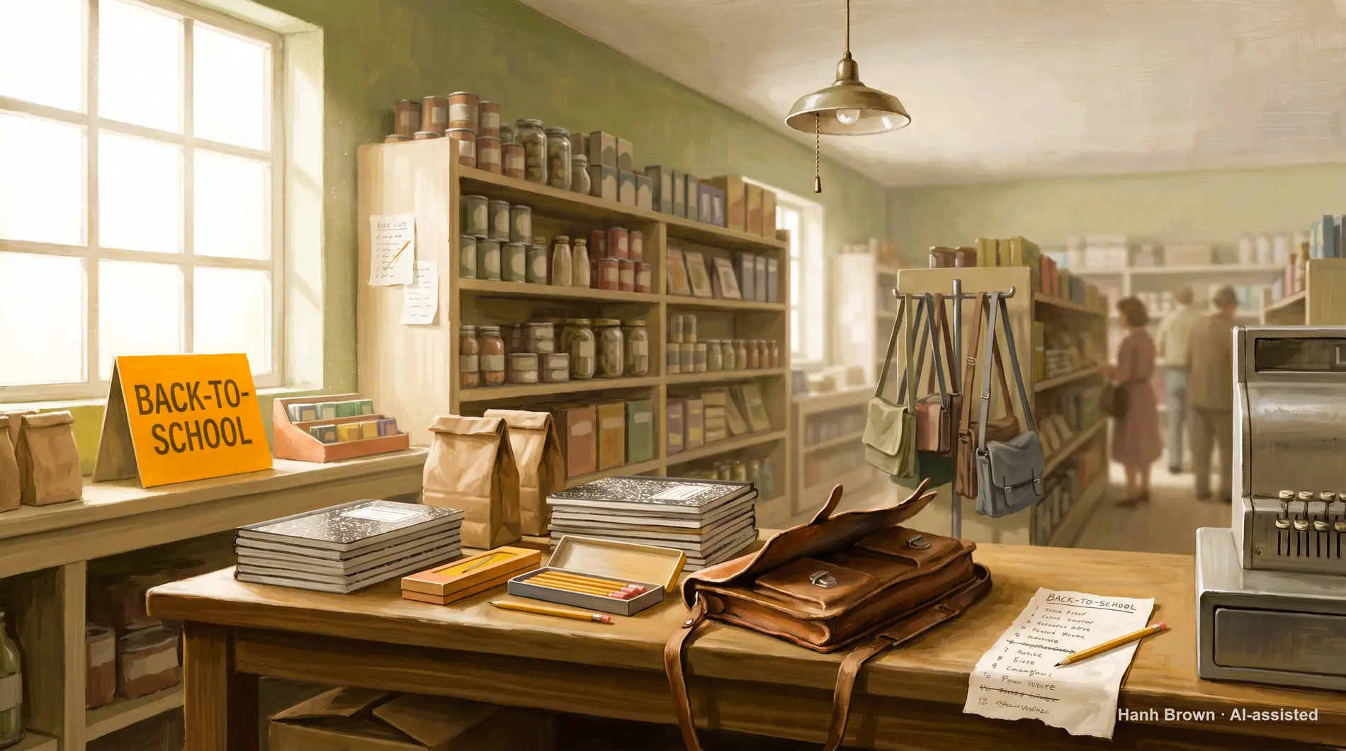 A small shop set for back to school, painted, the season everyone knows. The painted illustration for the article Medicare open enrollment dates