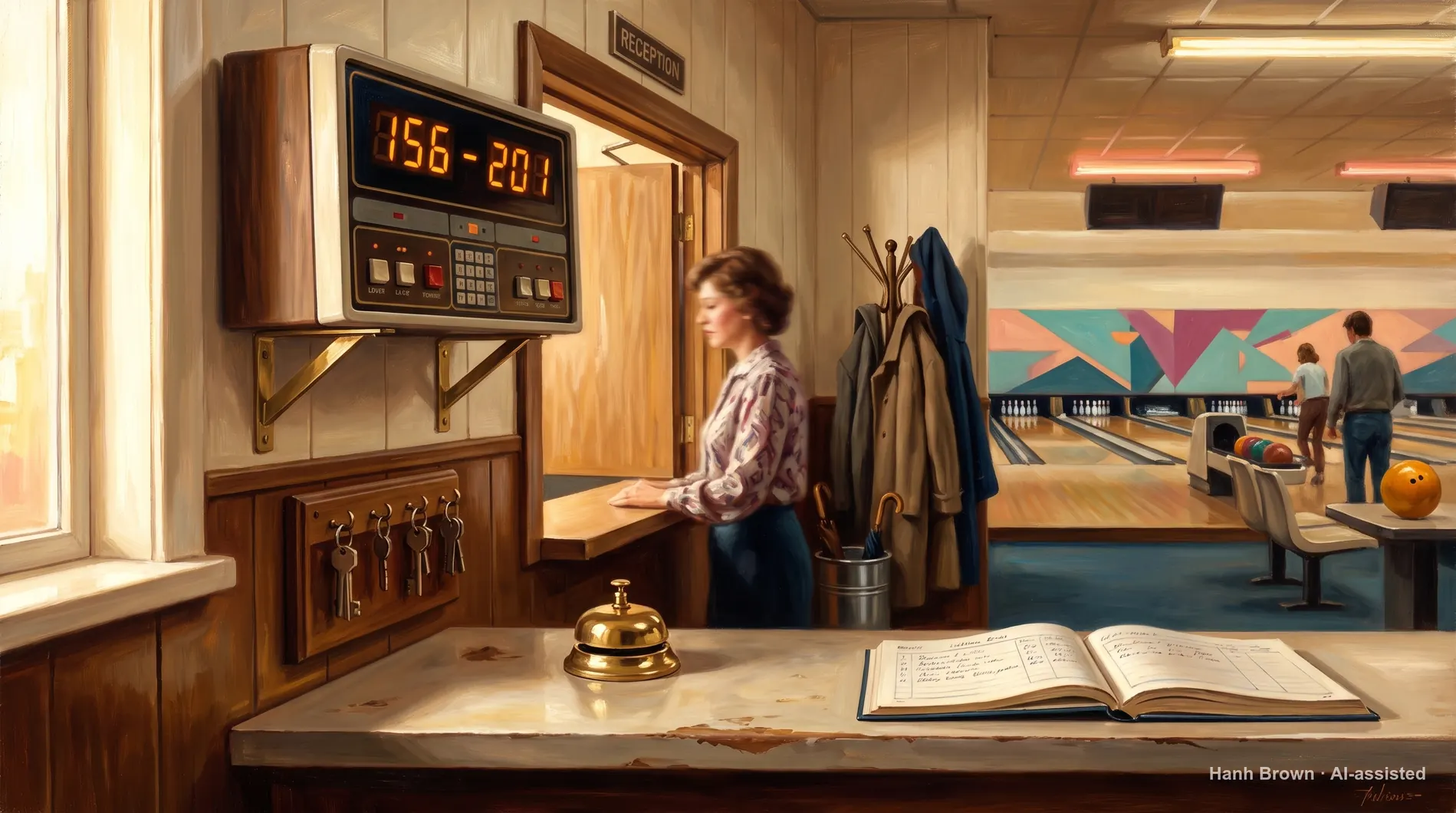A bowling alley with its electronic scoring lit, painted. The painted illustration for the article Medicare star ratings explained