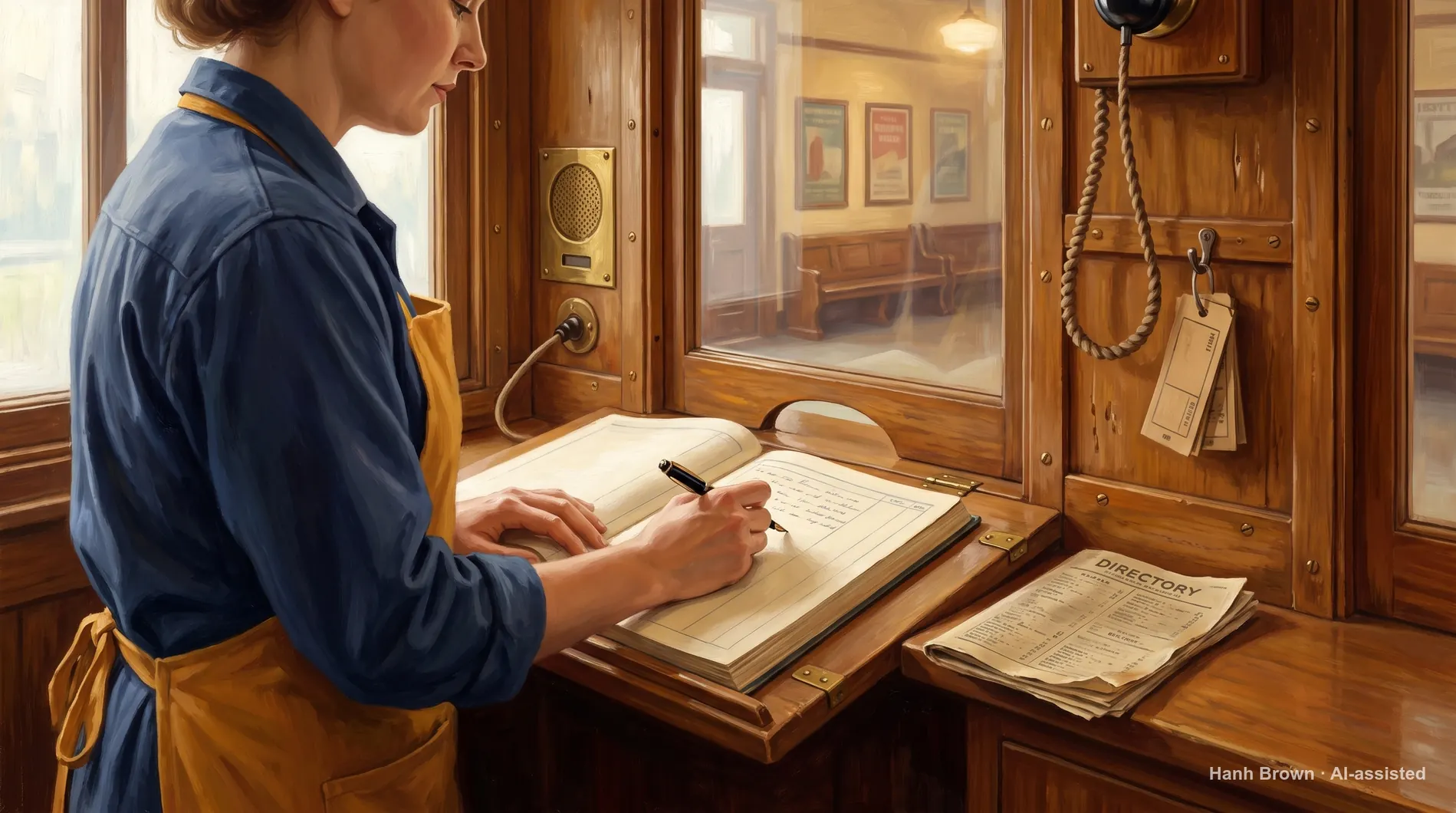 A ticket booth cashier at the open window, painted, mid task. The painted illustration for the article Medigap open enrollment period