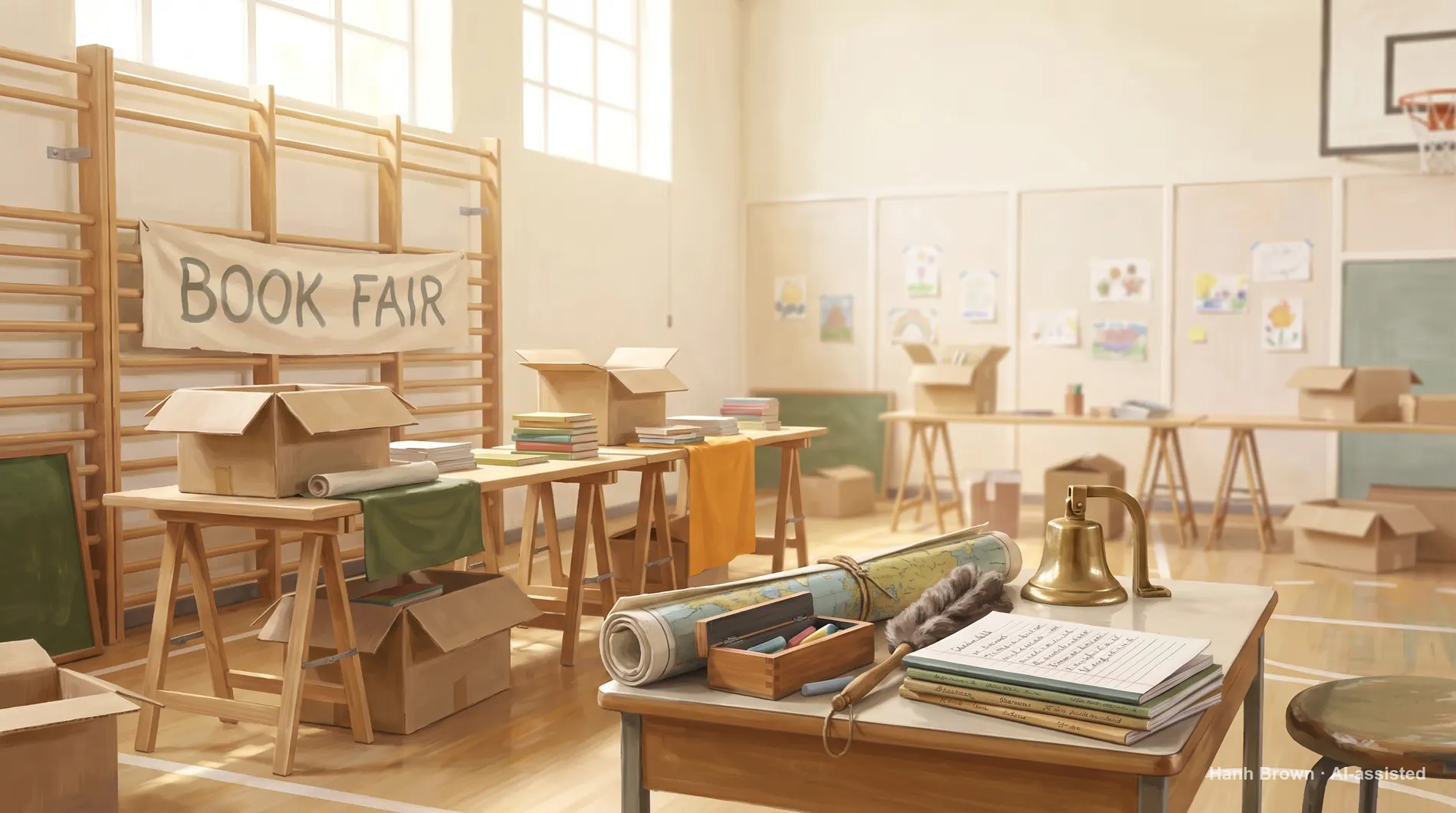 School gym set up for a book fair, painted. The painted illustration for the article How to file a complaint about a Medicare plan