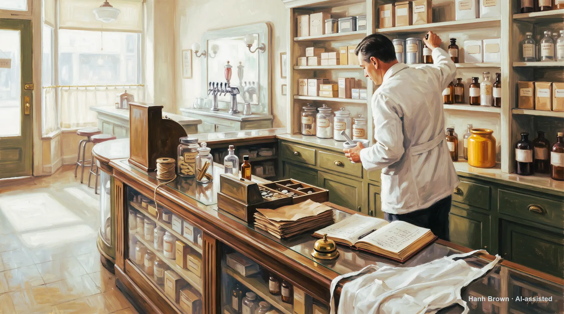 Drugstore counter with a pharmacist, painted. The painted illustration for the article Medicare phone number