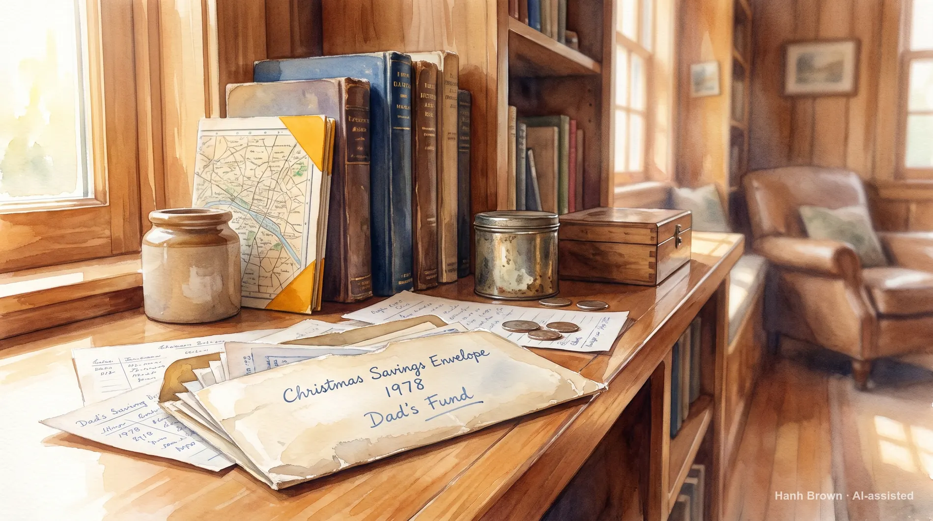A Christmas savings envelope kept safe on a shelf, painted. The painted illustration for the article Do I have to reapply for Extra Help?