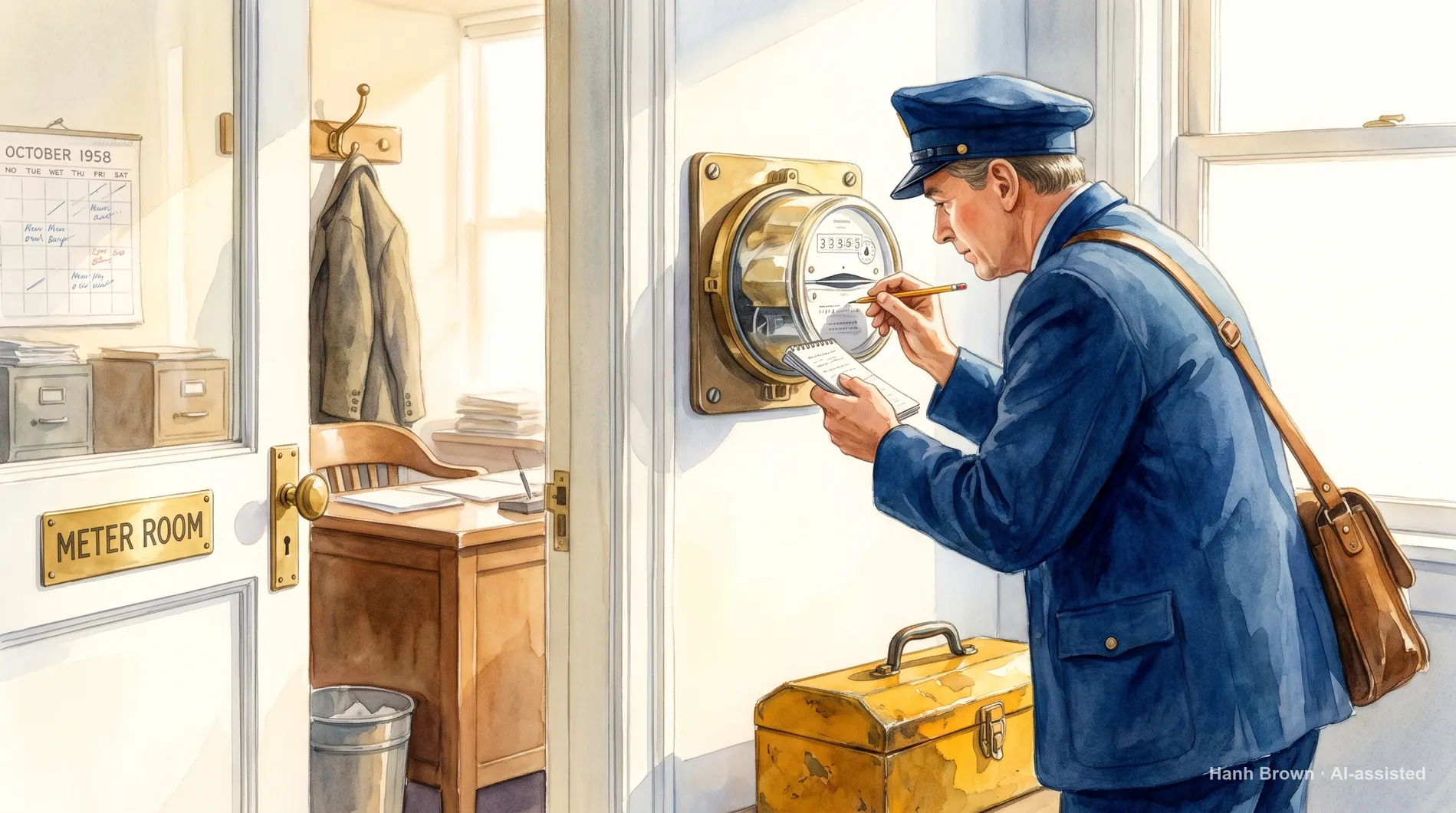 A meter reader at work by a doorway, painted, mid task. The painted illustration for the article Extra Help income limits