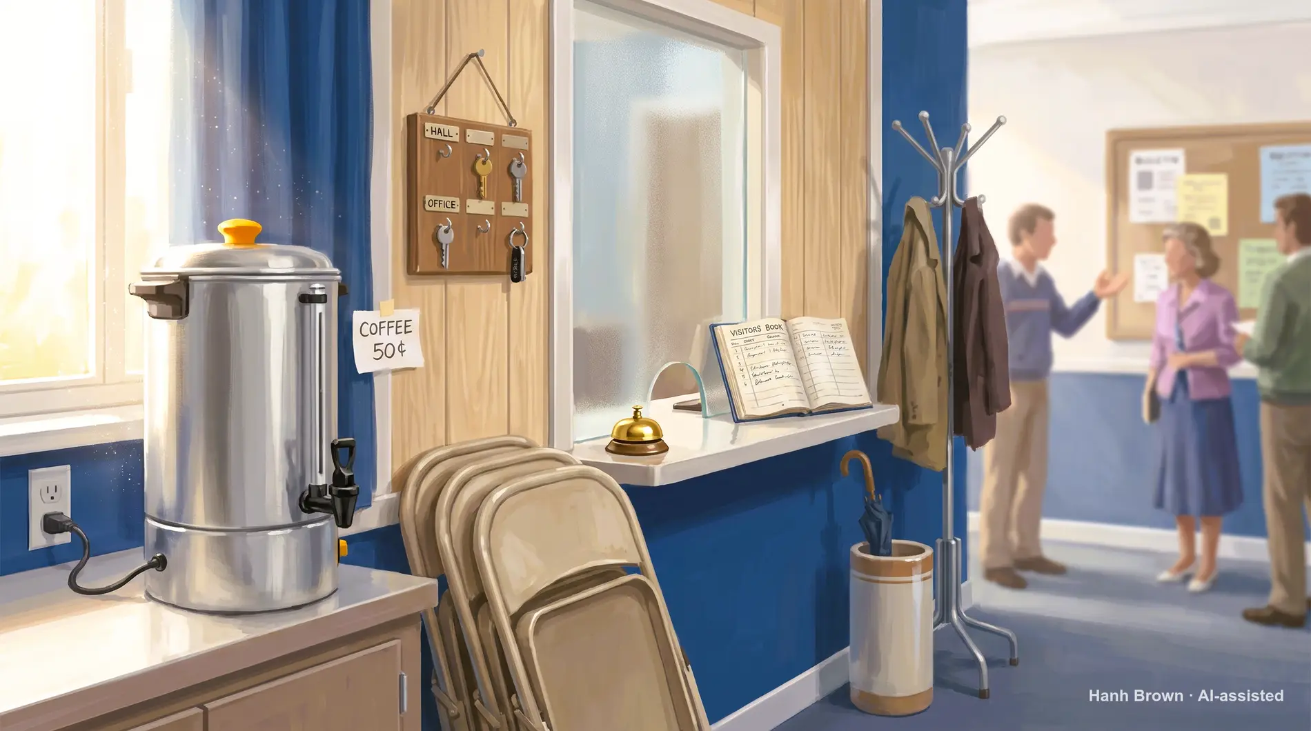 A church hall set with folding chairs and a coffee urn, painted. The painted illustration for the article How to apply for a Medicare Savings Program