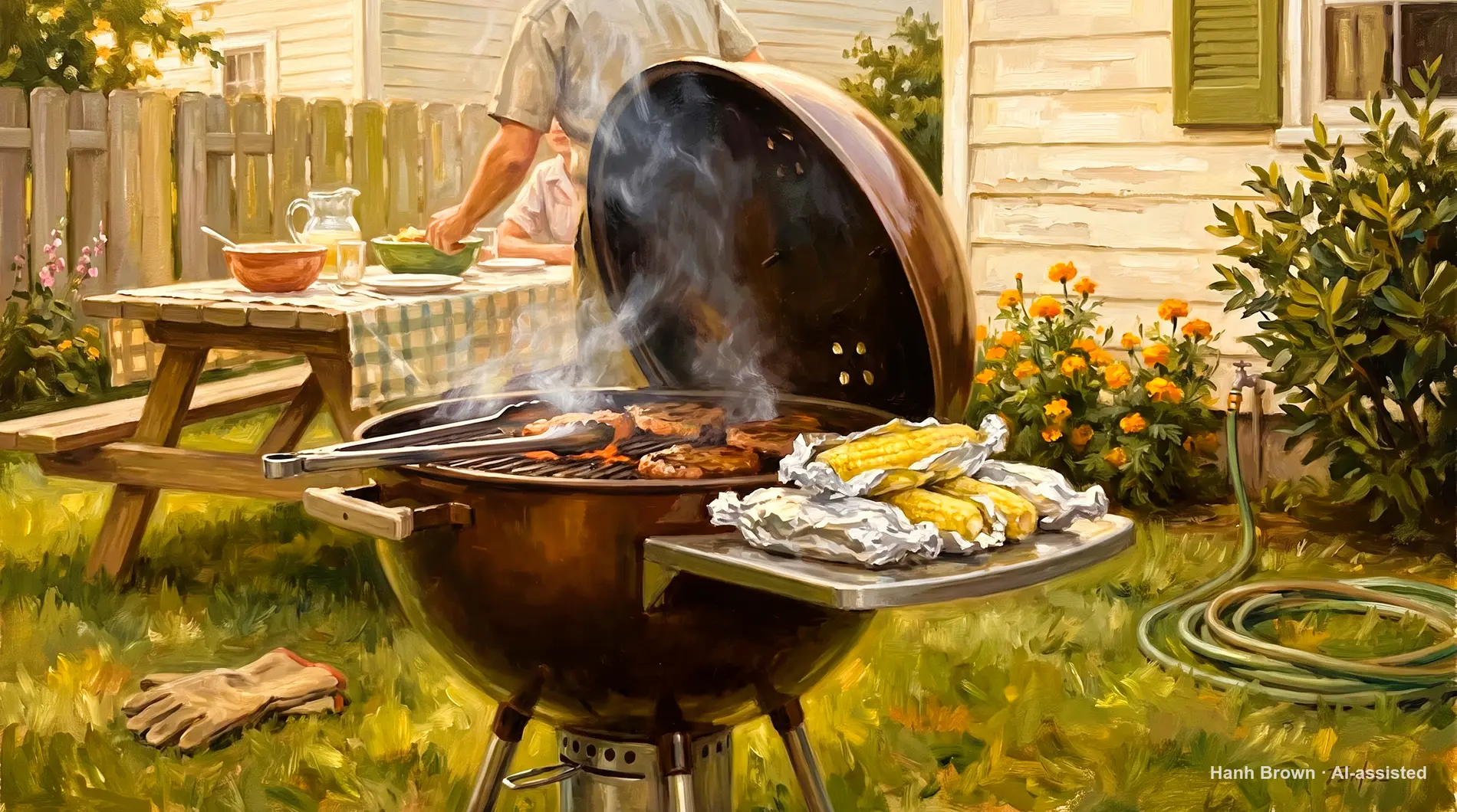 Backyard barbecue, kettle grill, painted. The painted illustration for the article COBRA and Medicare: which is primary?