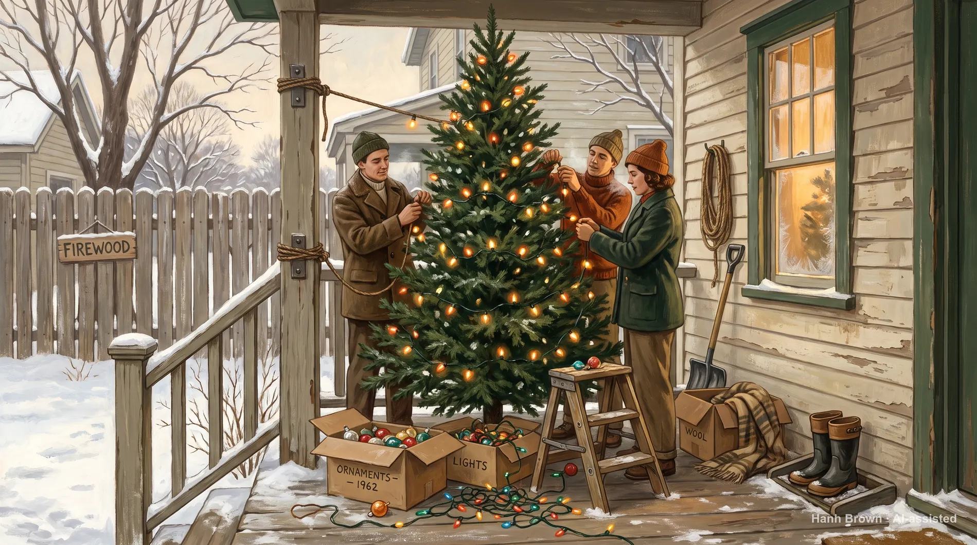Decorating the Christmas tree together, painted. The painted illustration for the article Medicare when retiring